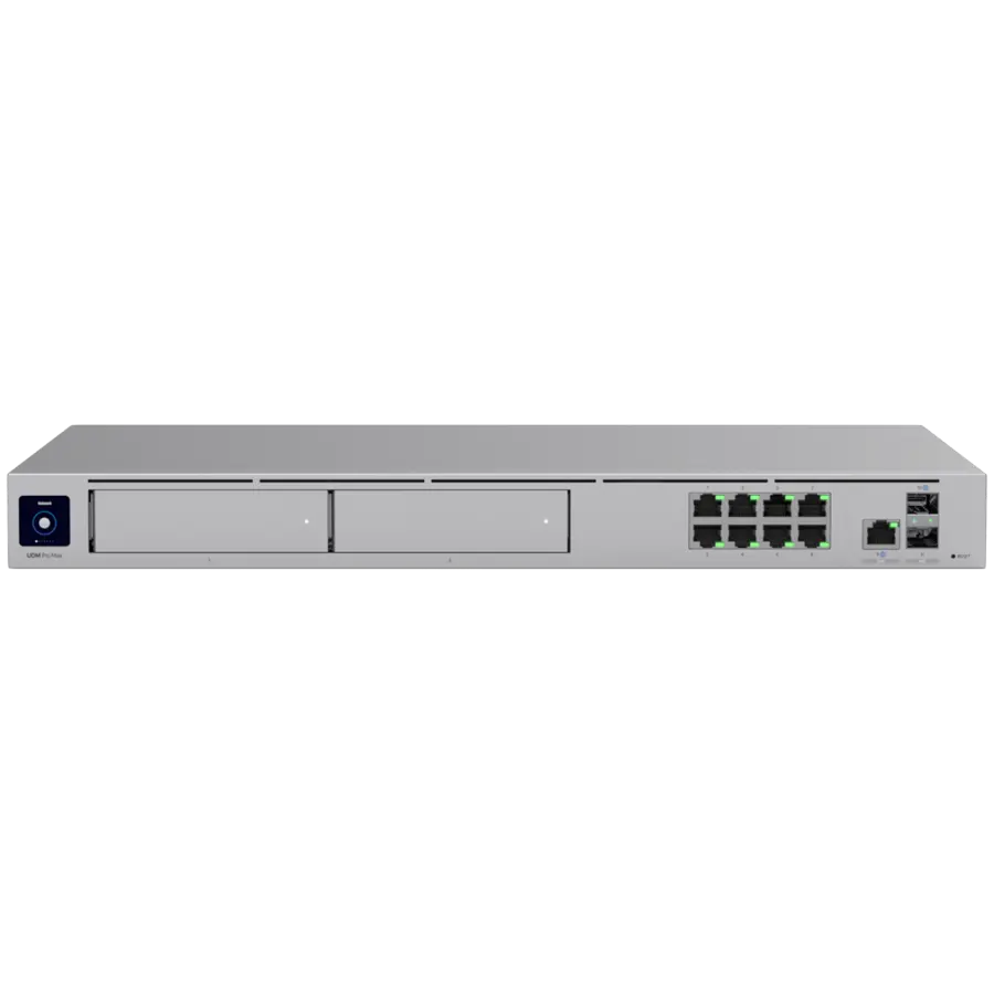 Ubiquiti Cloud Gateway για τοποθέτηση σε rack με απόδοση 10 Gbps, εξισορρόπηση φορτίου multi-WAN και δύο θέσεις δίσκων NVR, σχεδιασμένο για μεγάλες