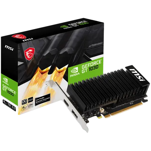 MSI Video Card Nvidia GeForce GT 1030 4GHD4 LP OC, 4GB DDR4, 64-bit, 2100MHz Memory Speed, 1430MHz Boost, 384 CUDA Cores, 1x DisplayPort 1.4a, HDMI 2.1, 300W Recommended PSU, 3Y