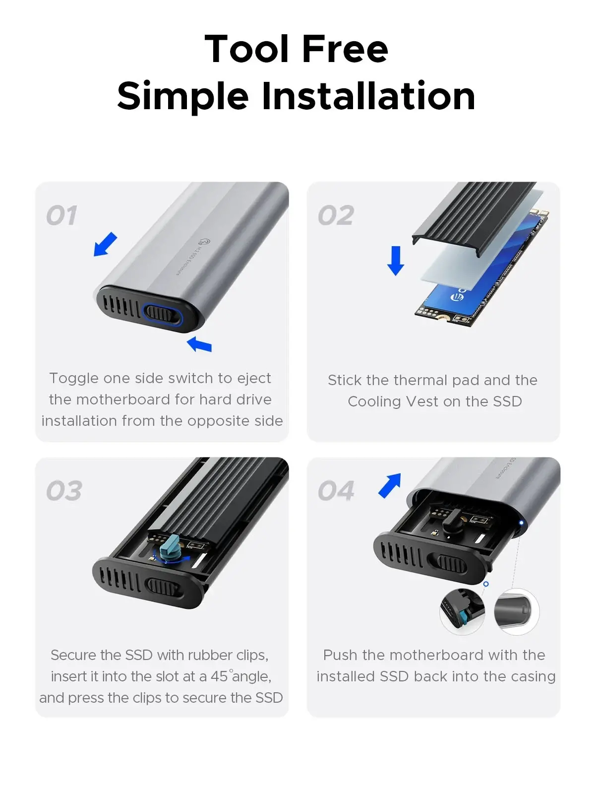 Orico външна кутия за диск Storage - Case - M.2 NVMe M-key 10 Gbps, Silicone Protective Case, USB-C/A - AXM2-G2-V1-GY - image 10