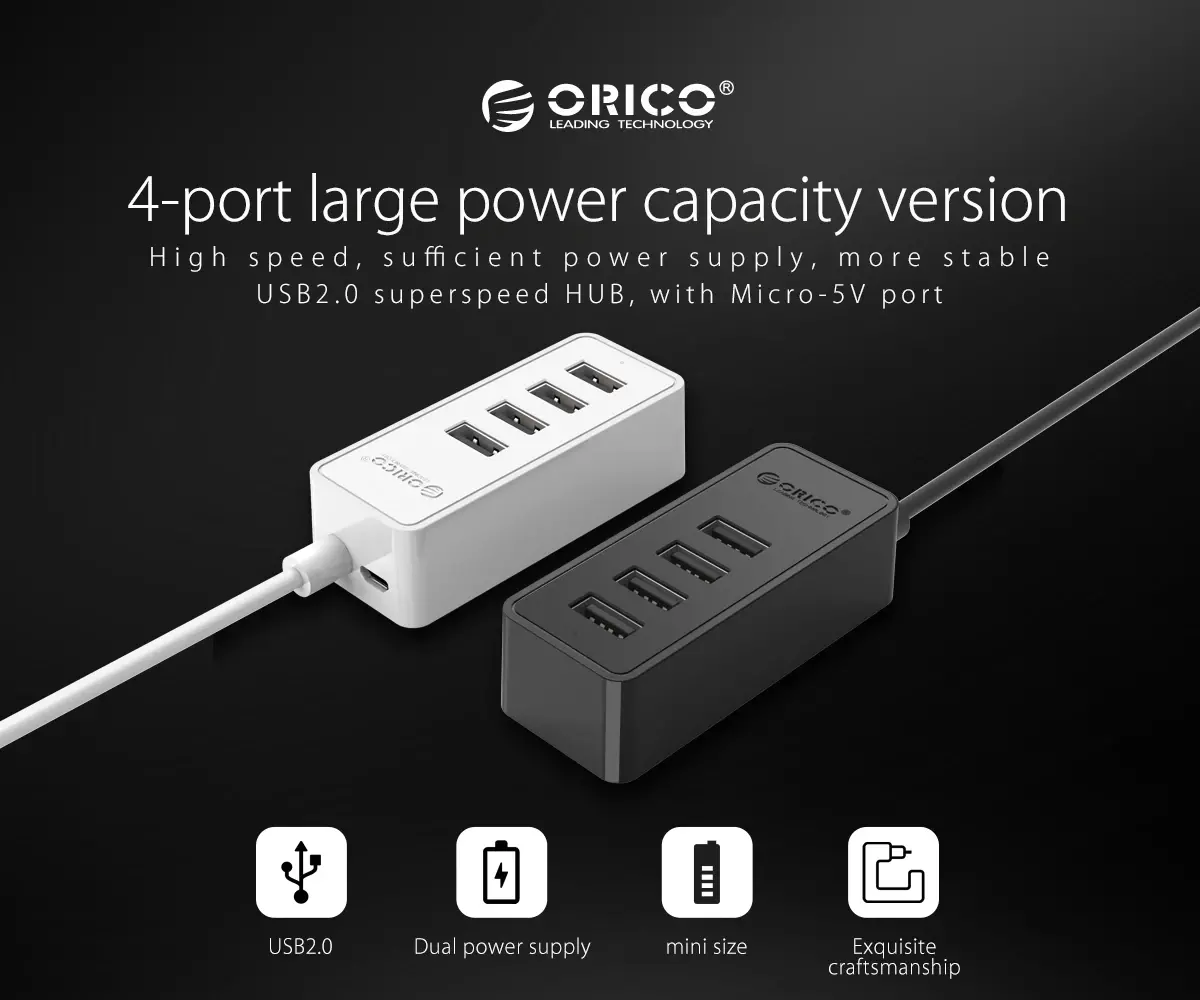 Orico USB hub USB2.0 HUB 4 θυρών - είσοδος USB/Micro USB, μαύρο - W5P-U2-100-BK-EP - image 5