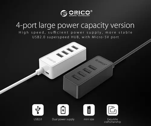 Orico USB hub USB2.0 HUB 4 θυρών - είσοδος USB/Micro USB, μαύρο - W5P-U2-100-BK-EP - 6