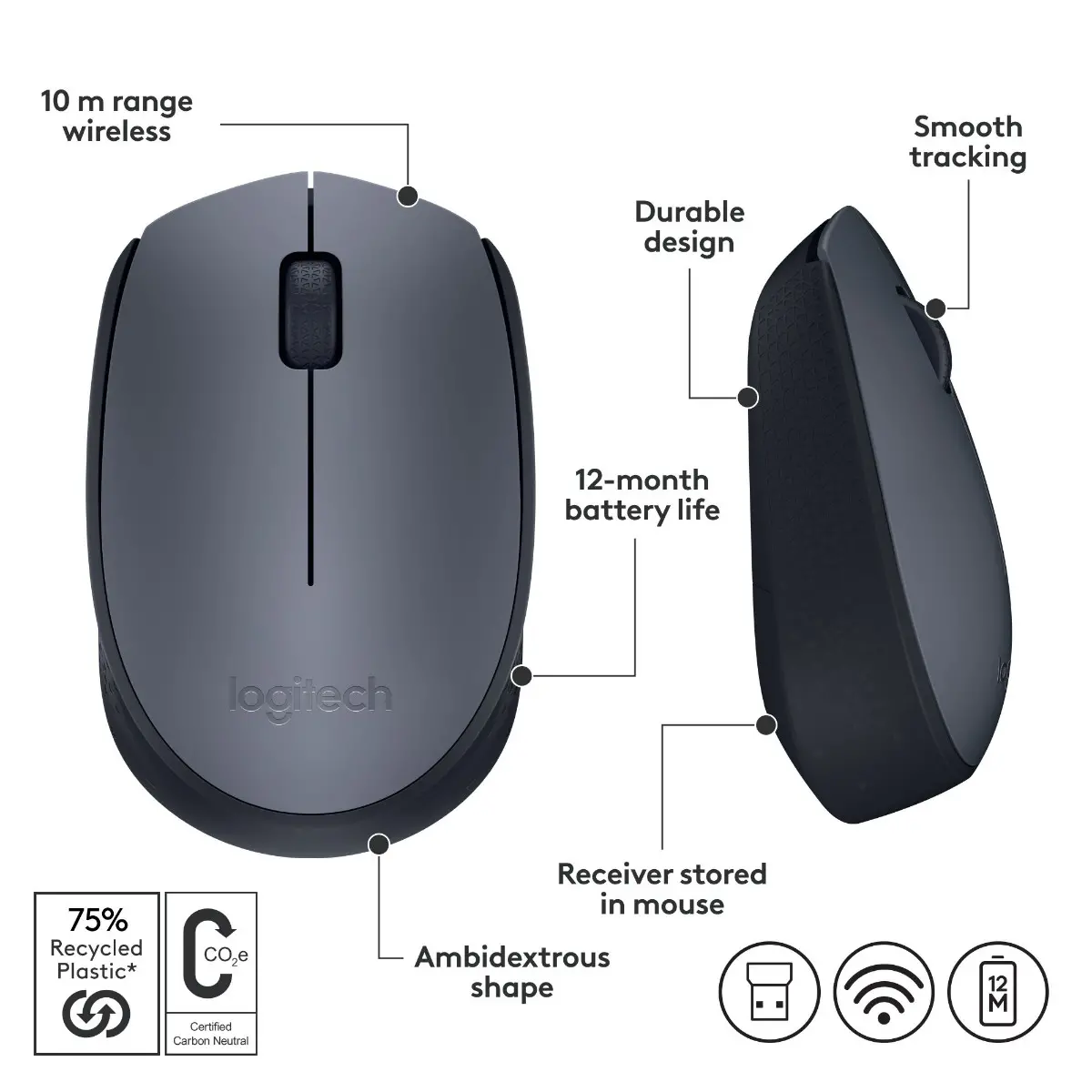МИШКА LOGITECH M170 - Optical - 1000 dpi, USB - Wireless / Безжична - Black - PN 910-004642 - image 1