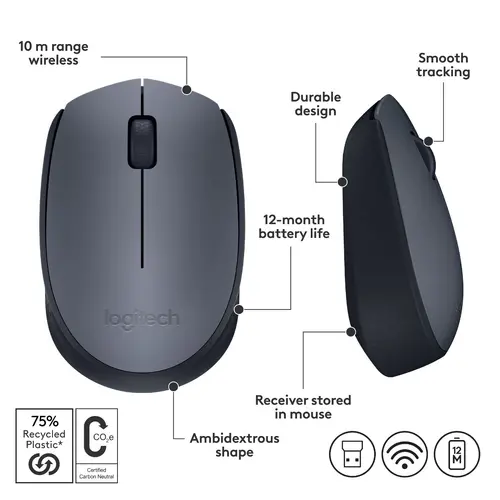 МИШКА LOGITECH M170 - Optical - 1000 dpi, USB - Wireless / Безжична - Black - PN 910-004642 - image 1