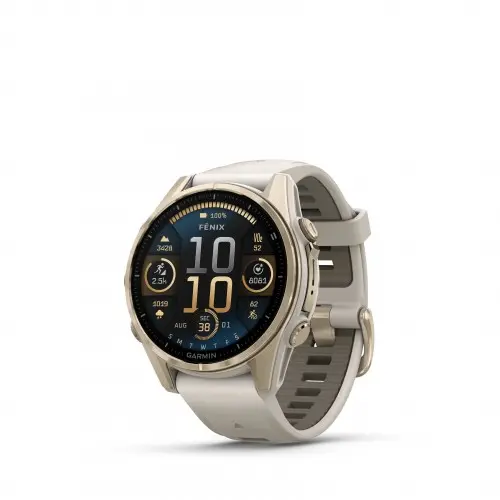 Garmin FĒNIX® 8 - 43 mm, AMOLED - FĒNIX® 8 - 43 mm, AMOLED, Sapphire - Soft Gold cu curea din silicon Fog Gray/Dark Sandstone 010-02903-11