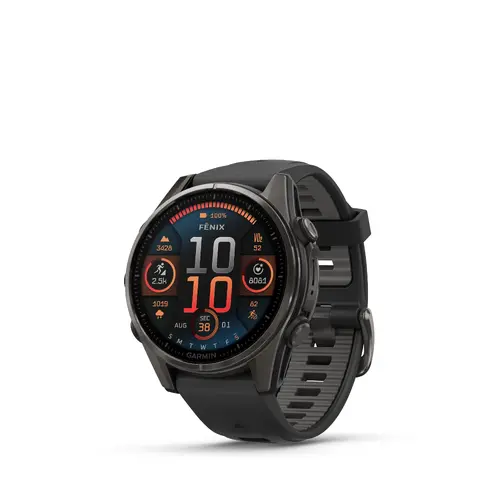 Garmin FĒNIX® 8 - 43 мм, AMOLED - FĒNIX® 8 - 43 мм, AMOLED, Sapphire - Carbon Gray DLC Titanium с Black/Pebble Gray силиконова каишка 010-02903-21