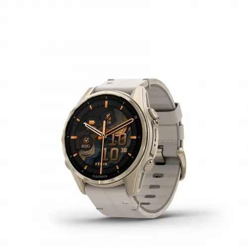 Garmin FĒNIX® 8 - 43 мм, AMOLED - FĒNIX® 8 - 43 мм, AMOLED, Sapphire - Soft Gold с Limestone кожена каишка 010-02903-40
