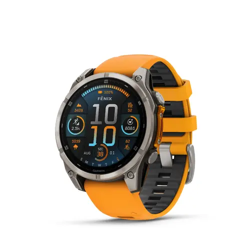 Garmin FĒNIX® 8 - 47 мм, AMOLED - FĒNIX® 8 - 47 мм, AMOLED, Sapphire - Titanium с Spark Orange/Graphite силиконова каишка 010-02904-11