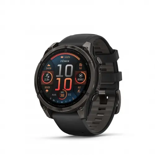 Garmin FĒNIX® 8 - 47 мм, AMOLED - FĒNIX® 8 - 47 мм, AMOLED, Sapphire - Carbon Gray DLC Titanium с Black/Pebble Gray силиконова каишка 010-02904-21