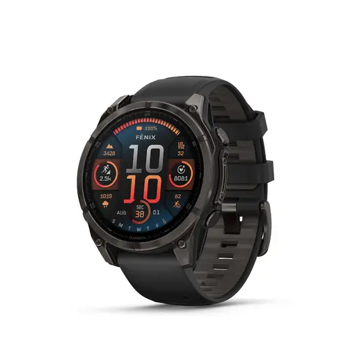 Garmin FĒNIX® 8 - 47 мм, AMOLED - FĒNIX® 8 - 47 мм, AMOLED, Sapphire - Carbon Gray DLC Titanium с Black/Pebble Gray силиконова каишка 010-02904-21
