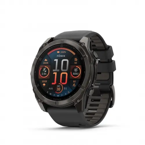 Garmin FĒNIX® 8 - 51 мм, AMOLED - FĒNIX® 8 - 51 мм, AMOLED, Sapphire - Carbon Gray DLC Titanium с Black/Pebble Gray силиконова каишка 010-02905-21