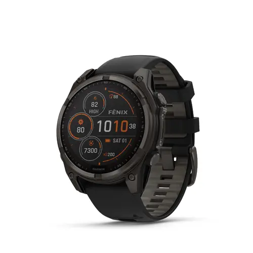 Garmin FĒNIX® 8 - 47 мм, SOLAR - FĒNIX® 8 - 47 мм Solar, Sapphire - Carbon Gray DLC Titanium с Black/Pebble Gray силиконова 010-02906-11