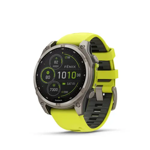 Garmin FĒNIX® 8 - 47 мм, SOLAR - FĒNIX® 8 - 47 мм Solar, Sapphire - Titanium с Amp Yellow/Graphite силиконова каишка 010-02906-21