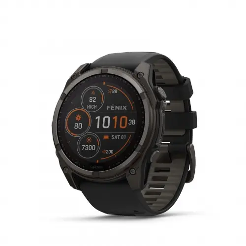 Garmin FĒNIX® 8 - 51 мм, SOLAR - fēnix 8 – 51 мм Solar, Sapphire - Carbon Gray DLC Titanium с Black/Pebble Gray силиконова каишка 010-02907-11