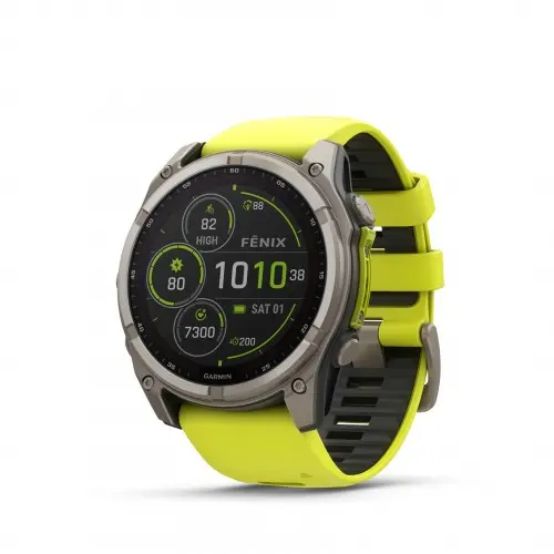 Garmin FĒNIX® 8 - 51 мм, SOLAR - fēnix 8 – 51 мм Solar, Sapphire - Titanium с Amp Yellow/Graphite силиконова каишка 010-02907-21