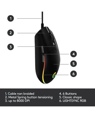 ГЕЙМЪРСКА МИШКА LOGITECH G102 LIGHTSYNC - Дясна ръка - USB Тип-A, 8000 DPI - Black - PN 910-005823 - image 4