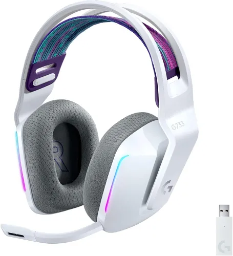 Слушалки, Logitech G733 Wireless Headset, Lightsync RGB, Lightspeed Wireless, PRO-G 40 mm Drivers, DTS Headphone:X 2.0 Surround, Blue Voice Microphone, 278 g, White