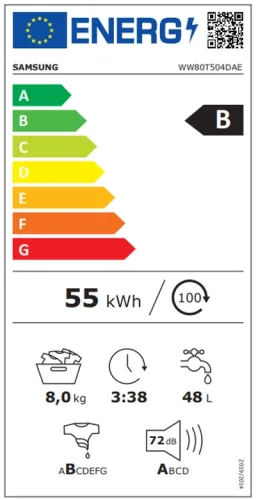 Пералня, Samsung WW80T504DAE/S7, Washing Machine,  8 kg, 1400 rpm,  Energy Efficiency B, Eco Bubble, Hygiene Steam, Spin Efficiency B,  White, Black door - image 10