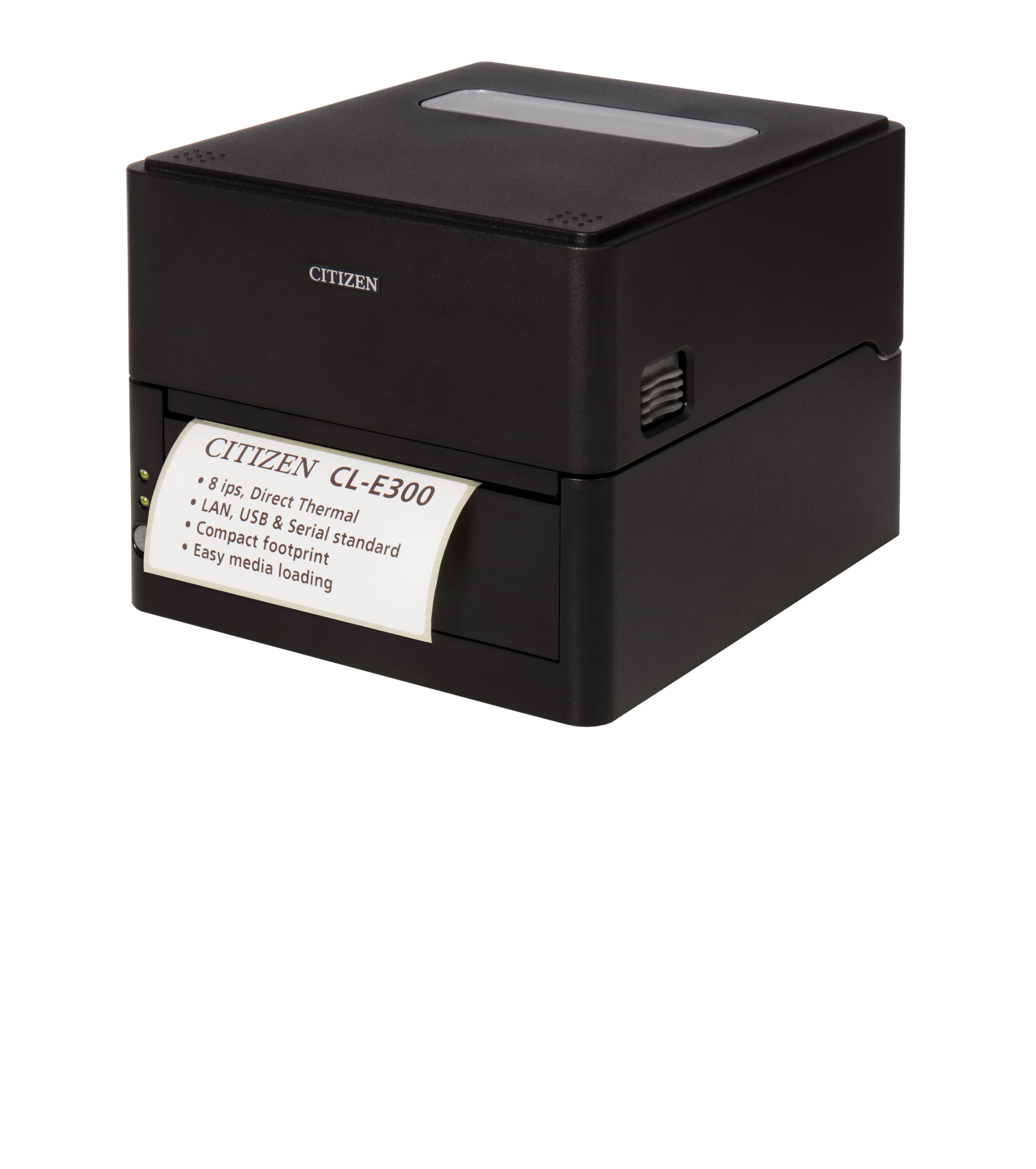 Етикетен принтер, Citizen Label Desktop printer CL-E300 Direct thermal Print Speed 200mm/s, Print Width(max.) 4"(104 mm)/ Media Width (min-max) 1"- 5"(25.4-118.1 mm)/ Roll Size(max) 5"(125 mm), Core Size 1" (25mm), Resol.203dpi/ Interface USB/RS-232/LAN EN Plug(EU) Black