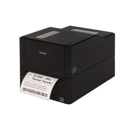Етикетен принтер, Citizen Label Desktop printer CL-E321EX Thermal Transfer+Direct Print Speed 200mm/s, Print Width(max.)4"(104mm)/Media Width(min-max) 1"- 5"(25.4-118.1 mm)/Roll Size(max)5"(125mm), Core Size 1"(25mm),Resol.203dpi/Interf. USB, Bluetooth EN Plug (EU) Black