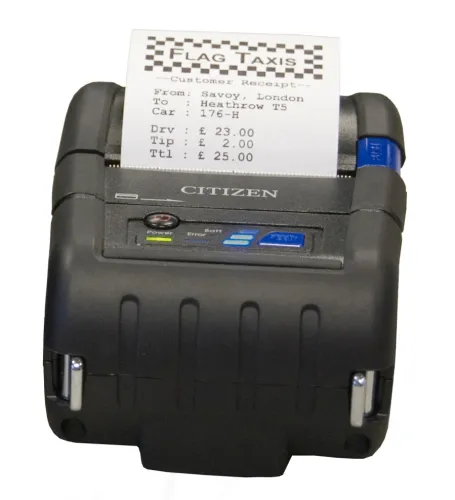Мобилен етикетен принтер, Citizen Label Mobile printer CMP-20II Direct thermal Print Speed 80mm/s, Print Width(max.) 48mm/ Media Width 58mm/Roll Size 48mm, Resol.203dpi/Print Sizes 2"/Interf.RS-232 /mini DIN/USB mini B/Wireless LAN/Battery Li-Ion/7.4 volt/1800mAh(24h) IP42/Black
