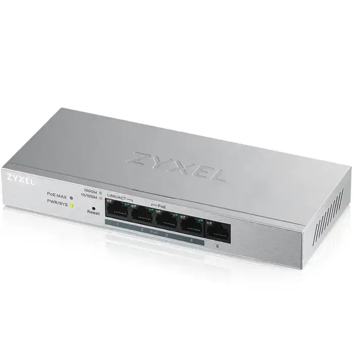 Comutator, ZyXEL GS1200-5HPv2, 5 porturi Gigabit PoE+ webmanaged Switch, 4x PoE, 60 Watt