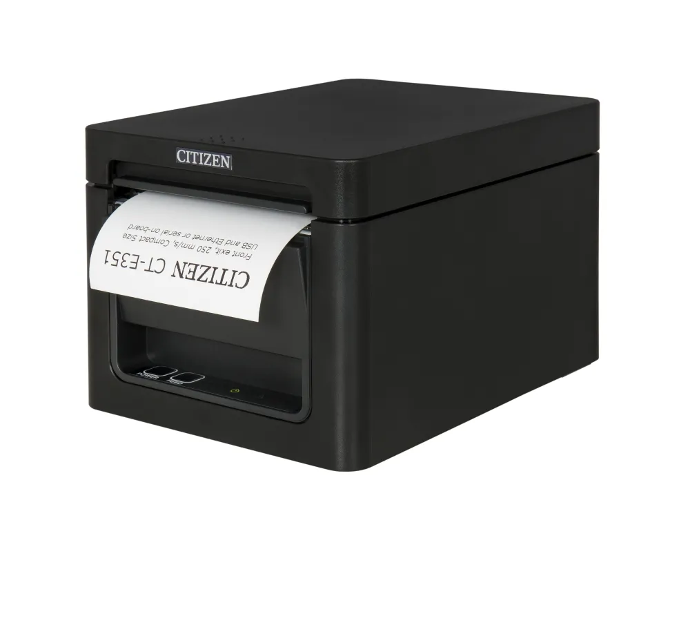 POS принтер, Citizen POS printer CT-E351 Direct thermal Print Speed 250mm/s, Print Widht 72mm(58/80mm)/Media Width(min-max) 59/80mm/Roll Size(max)83mm/Emul.Lang.ESC/POS/Reliability 200mln.pulses/150 Km/2 mln.cuts/Resol.203dpi/Interface USB/Ethernet/EN Plug(EU) Black