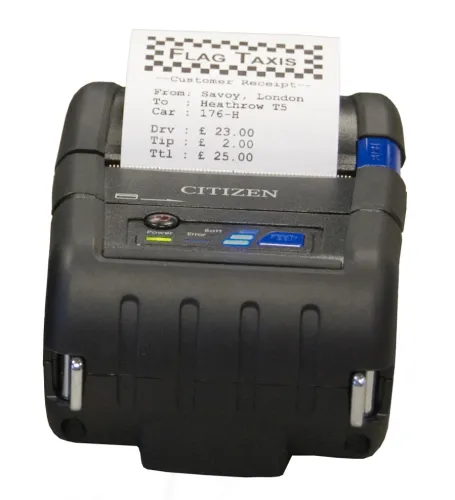 Етикетен принтер, Citizen Mobile Receipts printer CMP-20II Direct thermal Print Speed 80mm/s, Print Width 48mm/Media Width 58mm/Roll Size 48mm,Resol.203dpi/Print Sizes 2"/Interf.RS-232 /mini DIN/USB mini B/Bluetooth(iOS+And)/Battery Li-Ion/7.4 volt/1800mAh(24h) IP42/Black