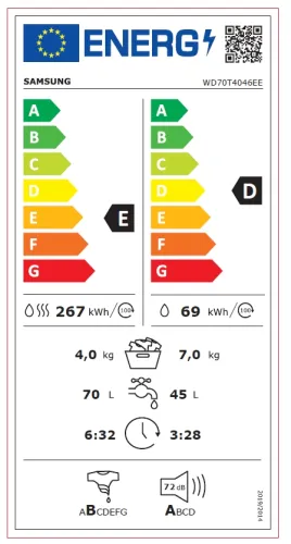 Пералня със сушилня, Samsung WD70T4046EE/LE, Washing Machine/Dryer, 7/4kg, 1400rpm, Energy Efficiency D/E, Spin Efficiency B, LED Display, Eco Bubble, Bubble Soak, Air Wash, Hygiene Steam, White - image 9