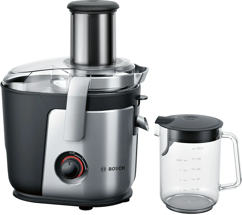 Сокоизстисквачка, Bosch MES4000, Centrifugal juicer 1000 W, 2 speeds, 3 lt pulp container, 1.5 ltr juice container & foam separator, XXL feeding tube (84 mm), ceramic knife, electropolished stainless steel sieve, die-cast aluminum body and clamps, juice outlet with drip-s