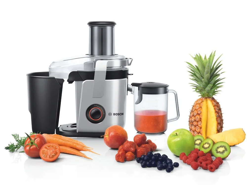 Сокоизстисквачка, Bosch MES4000, Centrifugal juicer 1000 W, 2 speeds, 3 lt pulp container, 1.5 ltr juice container & foam separator, XXL feeding tube (84 mm), ceramic knife, electropolished stainless steel sieve, die-cast aluminum body and clamps, juice outlet with drip-s - image 6