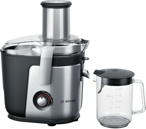 Сокоизстисквачка, Bosch MES4010, Centrifugal juicer 1200 W, 3 speeds, 3 lt pulp container, 1.5 ltr juice container & foam separator, XXL feeding tube (84 mm), ceramic knife, electropolished stainless steel sieve, die-cast aluminum body and clamps, juice outlet with drip-s