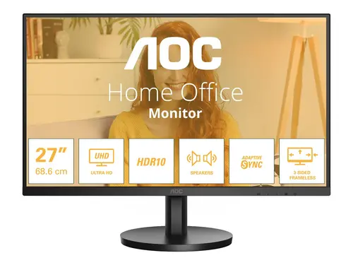 Οθόνη, AOC U27B3A, 27" IPS WLED, 3840x2160@60Hz, 4ms GtG, 350cd m/2, 1000:1, DCR 20M:1, Adaptive Sync, FlickerFree, Low Blue Light, 2Wx2, Tilt - 1