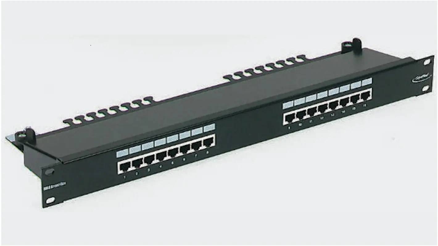 Пач панел Brand-Rex, 16 порта, cat.5e, екраниран, 1U 110 IDC, черен