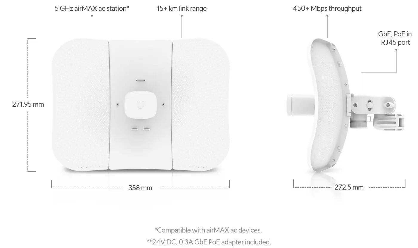 Точка за достъп Ubiquiti LBE-5AC-XR, 1xGbE, 5 GHz, 25 dBm, 29 dBi, 450 Мбит/с - image 3