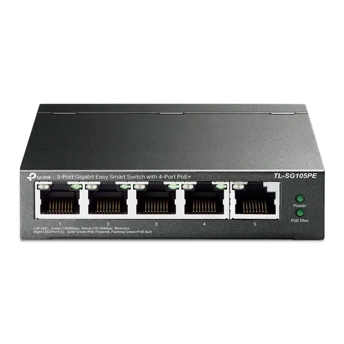 Комутатор TP-Link TL-SG105PE, 5x GbE порта, управляем, PoE+, 60W, до 32 VLANs