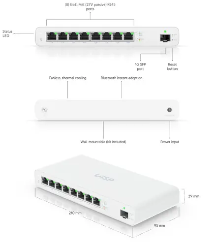 Комутатор Ubiquiti UISP-S, 8xGbit RJ45 PoE, 1xSFP, Layer 2, 27V/110W - image 2