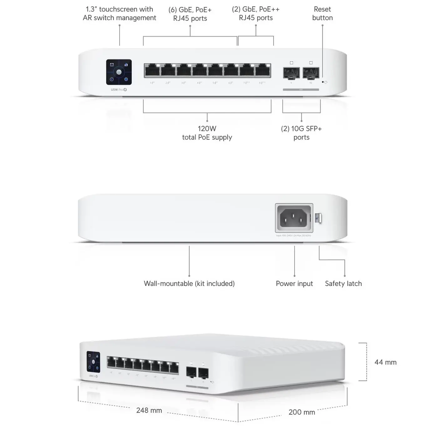 Комутатор Ubiquiti USW-Pro-8-PoE, 8x Gbit RJ45, 6x Gbit PoE+, 2xSFP+ слота, 120W - image 3