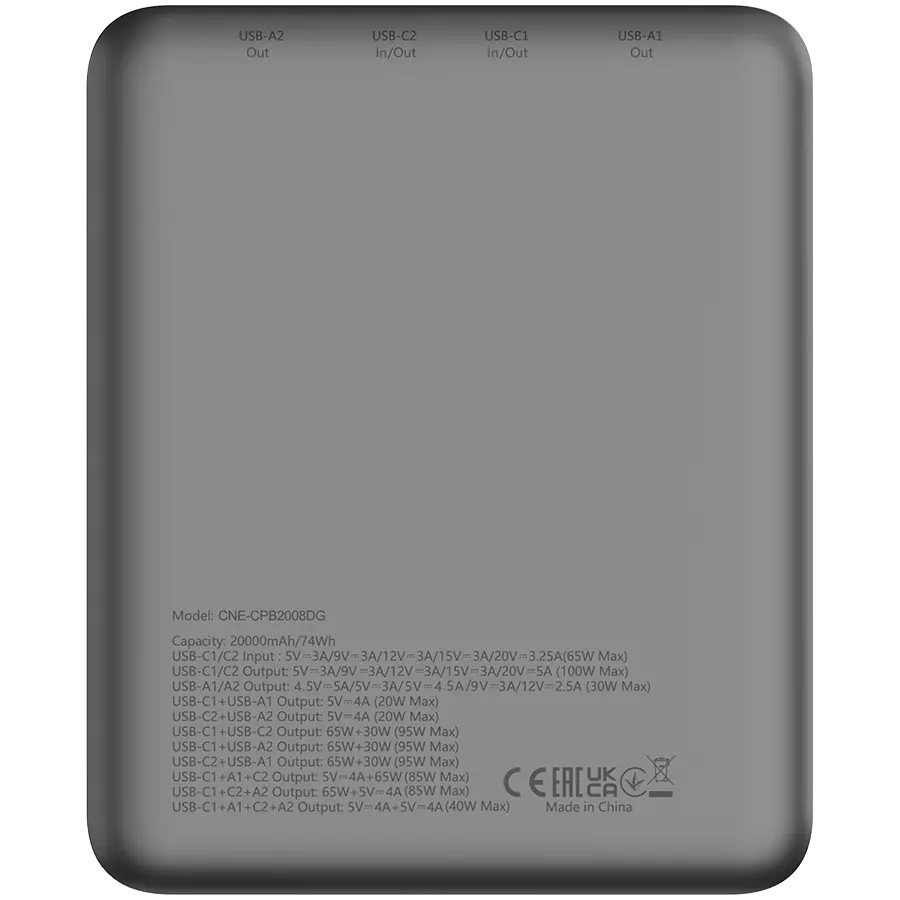 CANYON power bank PB-2008 LED FLAT 20000 mAh PD100W QC3.0 Dark Grey - image 5