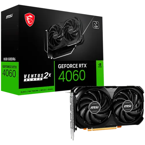 MSI Video Card Nvidia GeForce RTX 4060 VENTUS 2X BLACK 8G, 8GB GDDR6, 128bit, Boost: 2460 MHz, 3072 CUDA Cores, PCIe 4.0, 3x DP 1.4a, HDMI 2.1a, RAY TRACING, Dual Fan, 1x 8pin, 550W Recommended PSU, 3Y