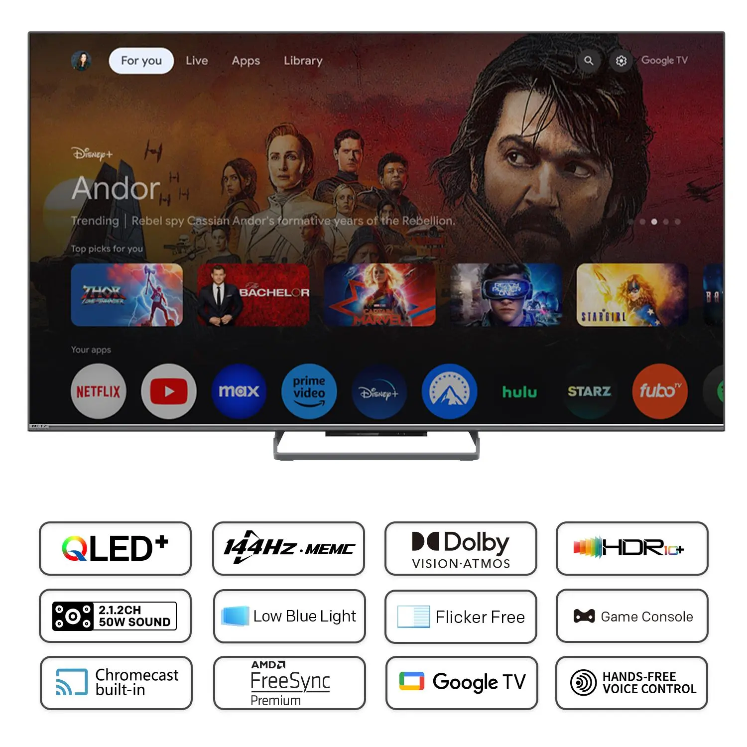 Телевизор METZ 55MQE8000Z, 55"(139 см), QLED UHD Google TV, Dolby Vision, 144Hz - image 3