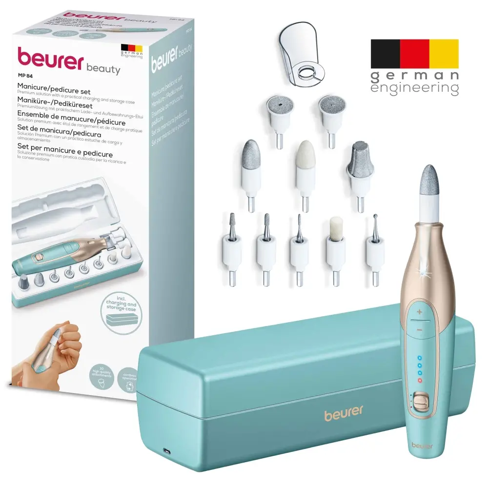 Комплект за маникюр/педикюр, Beurer MP 84 Premium Manicure/pedicure set, 10 attachments, 3 speed levels, Ergonomic design and bright LED light, Lithium ion battery, with practical charging and storage case - image 6