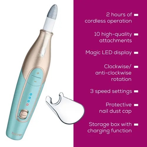 Комплект за маникюр/педикюр, Beurer MP 84 Premium Manicure/pedicure set, 10 attachments, 3 speed levels, Ergonomic design and bright LED light, Lithium ion battery, with practical charging and storage case - image 7