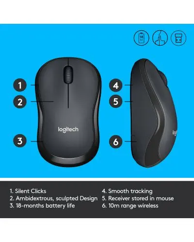 МИШКА LOGITECH M220 SILENT - USB - 2.4 GHz, Optical 1000 dpi - Wireless / Безжична - Black - PN 910-004878 - image 6