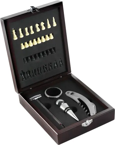 Set de accesorii pentru vin și șah în cutie de lemn de lux - 1