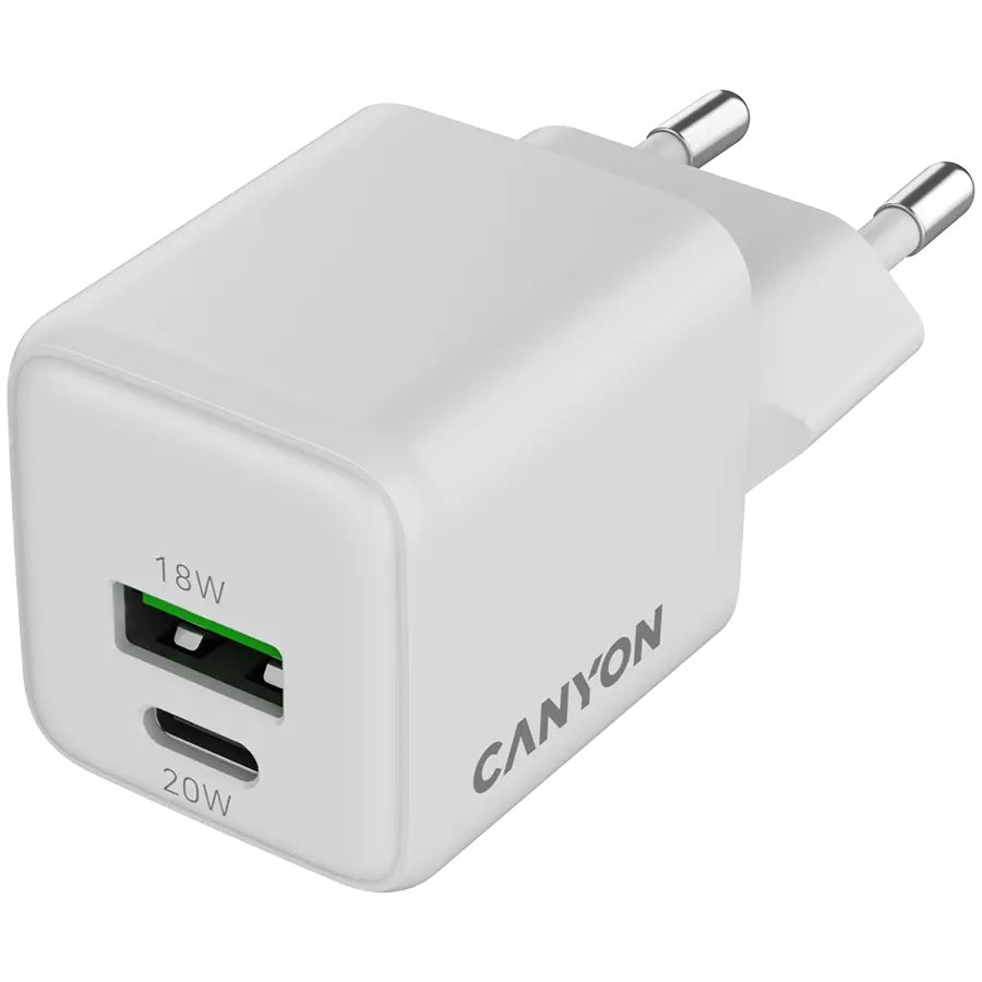 CANYON charger CU20AC GaN 20W 1xPD 1xQC EU White - image 1