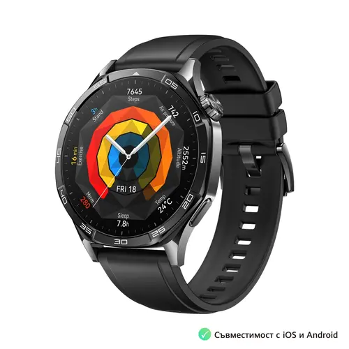 Часовник, Huawei Watch GT5 Vili-B19F, 1.43", Amoled 466x466 PPI 326, BT5.2 BLE/BR/EDR, 5ATM, 524mAh, Screenshot sharing, support message input, message notifications, Battery life up to 14 days, Compatible with iOS and Android devices, Black Fluoroelastomer