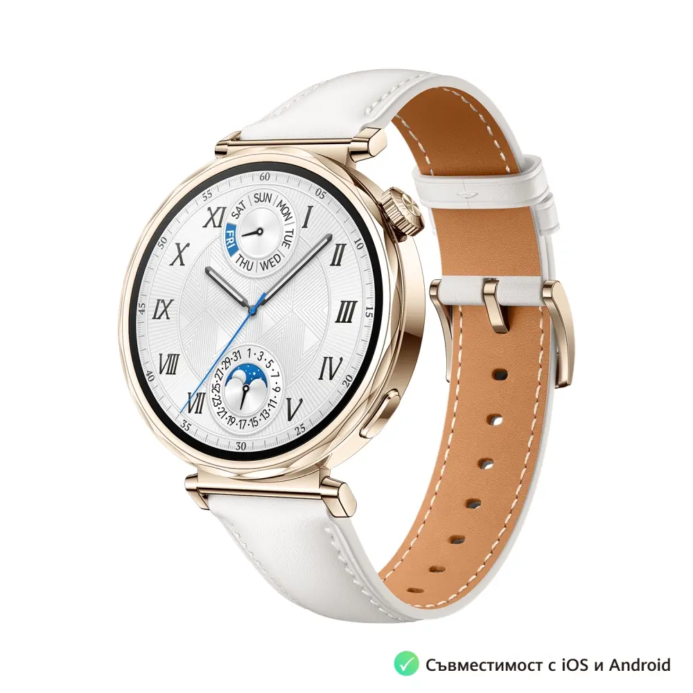 Часовник, Huawei Watch GT5 Jana-B19L, 1.32", Amoled 466x466 PPI 352, , BT5.2 BLE/BR/EDR, 5ATM, 524mAh, Screenshot sharing, support message input, message notifications, Battery life up to 7 days, Compatible with iOS and Android devices, White Leather