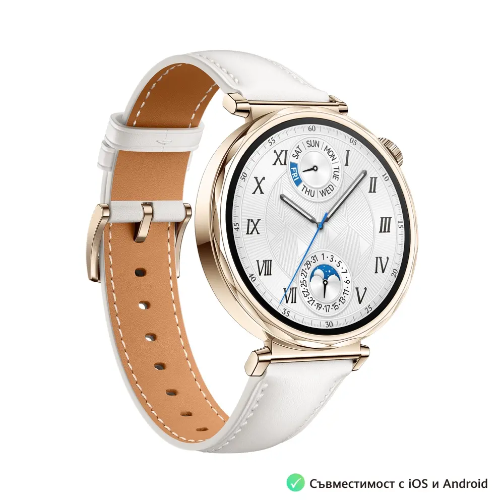 Часовник, Huawei Watch GT5 Jana-B19L, 1.32", Amoled 466x466 PPI 352, , BT5.2 BLE/BR/EDR, 5ATM, 524mAh, Screenshot sharing, support message input, message notifications, Battery life up to 7 days, Compatible with iOS and Android devices, White Leather - image 1