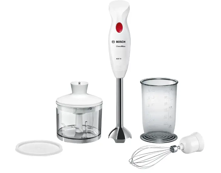 Blender vertical, Bosch MSM24500, CleverMixx, 400 W, Chopper și blender incluse, Tel din oțel inoxidabil, cană de amestecare/măsurare, Alb