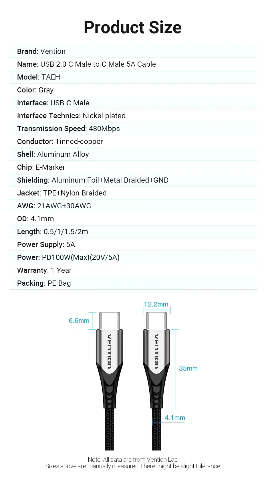 Vention Кабел USB 2.0 Type-C to Type-C - 2.0M Black 5A Fast Charge - TAEHH - image 10